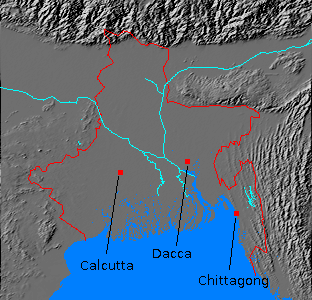 Digital relief map of Bengal region of India