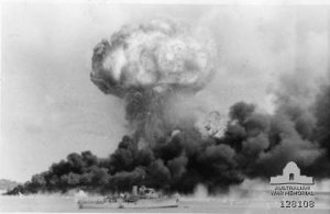 Photograph of storage tank explosions during Darwin raid