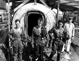 Photograph of salvage divers at Pearl Harbor