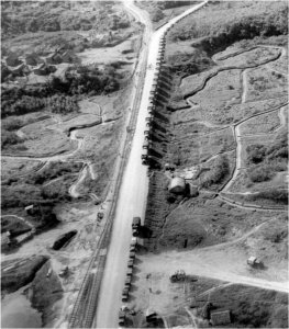 Photograph of first truck convoy assembling at Ledo
