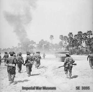Photograph of troops advancing on Meiktila