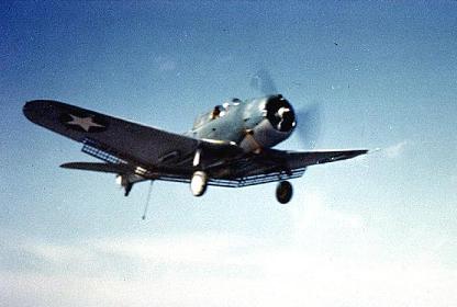 Photograph of SBD Dauntless prepared to land