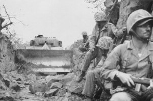 Photograph of tankdozer on Iwo Jima