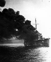Photograph of destroyer crippled by kamikaze attack